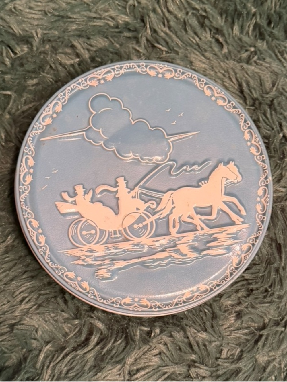 Vintage Blue & White Horse Carriage Embossed Round Metal Tin